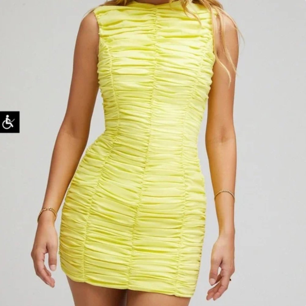 HOUSE OF CB/ MISTRESS ROCKS 'DREAM' YELLOW GATHERED MINI DRESS